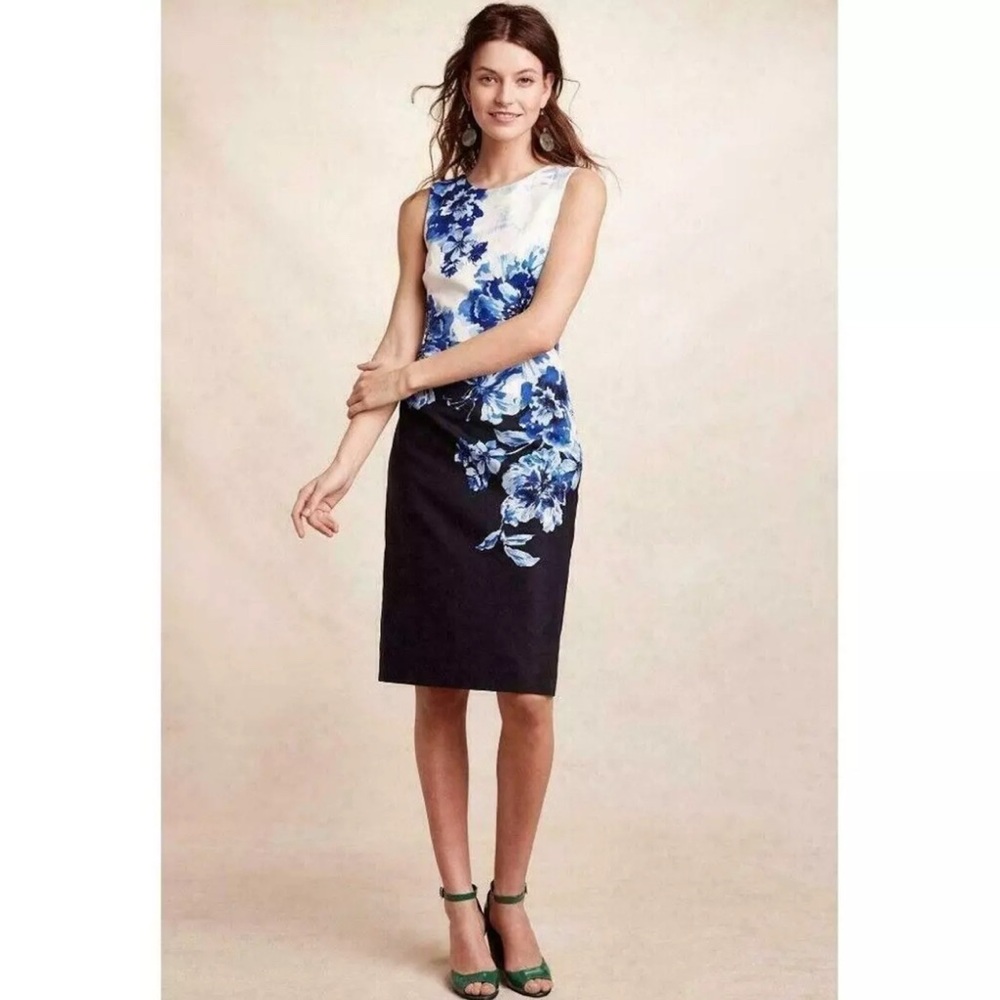 Maeve Anthropologie Vanda Blue Floral Asymmetrical Sheath Midi Dress 2P Small